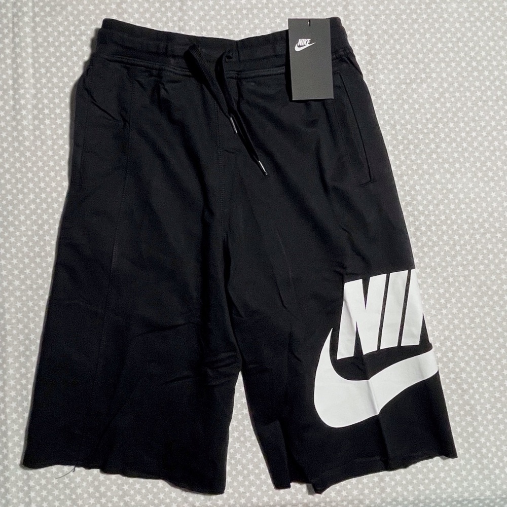Nike Black Shorts with Big White Logo on Side of Leg, Drawstring Waist, Pockets